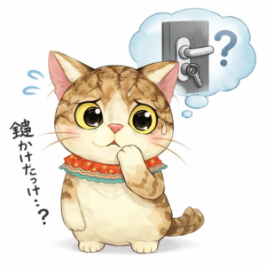 鍵をかけたか心配するカギ猫小太郎のイラスト。スマートロックで解決できる鍵のかけ忘れの不安を表現。