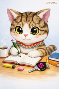 「机でノートを開き、鉛筆を持って勉強する鍵猫の小太郎。そばに鍵とコーヒーが置かれている。」