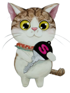 鍵を持つカギ猫小太郎のイラスト。秀巧金属の安心と信頼を象徴するキャラクター。