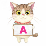 カギ猫小太郎が「A」のパネルを持っているイラスト