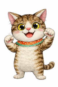 ガッツポーズをするカギ猫小太郎のイラスト。