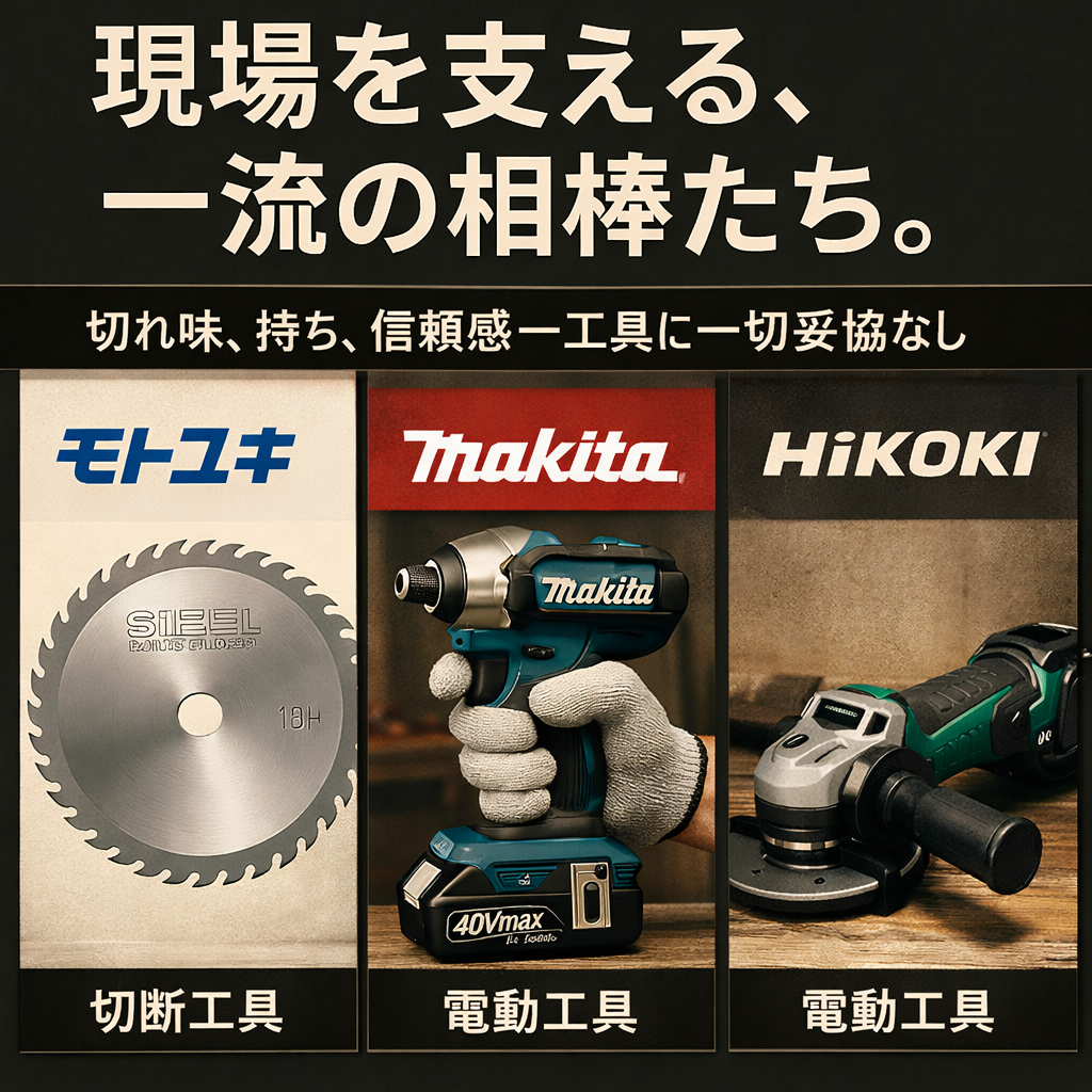「現場を支える一流の相棒たち。モトユキ・マキタ・ハイコーキのプロ用工具を紹介するイメージ。丸ノコ刃・インパクトドライバー・ディスクグラインダーが並ぶ。