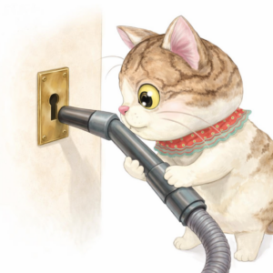 「カギ猫小太郎が掃除機のノズルを鍵穴に近づけて、鍵穴のホコリを吸い取ろうとしている様子。スマートロックや鍵トラブル解決をイメージしたイラスト。」