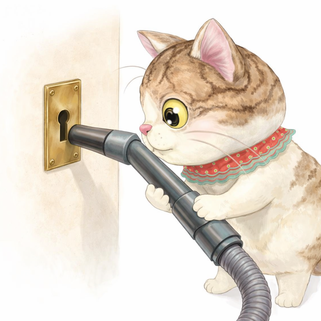 「カギ猫小太郎が掃除機のノズルを鍵穴に近づけて、鍵穴のホコリを吸い取ろうとしている様子。スマートロックや鍵トラブル解決をイメージしたイラスト。」