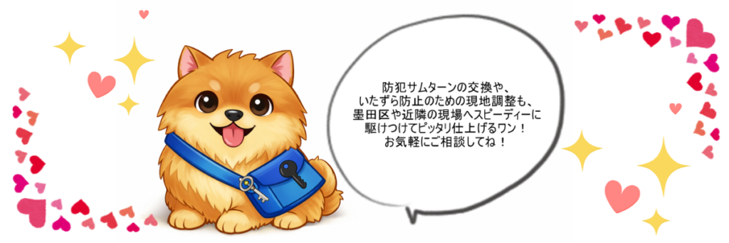 秀巧金属の看板キャラクター「あんしんきん ナナ（犬）」が、防犯サムターンの交換や調整のために墨田区や近隣の現場へスピーディーに駆けつけ、確実な施工を行う対応力を力強くアピールしているイラスト。