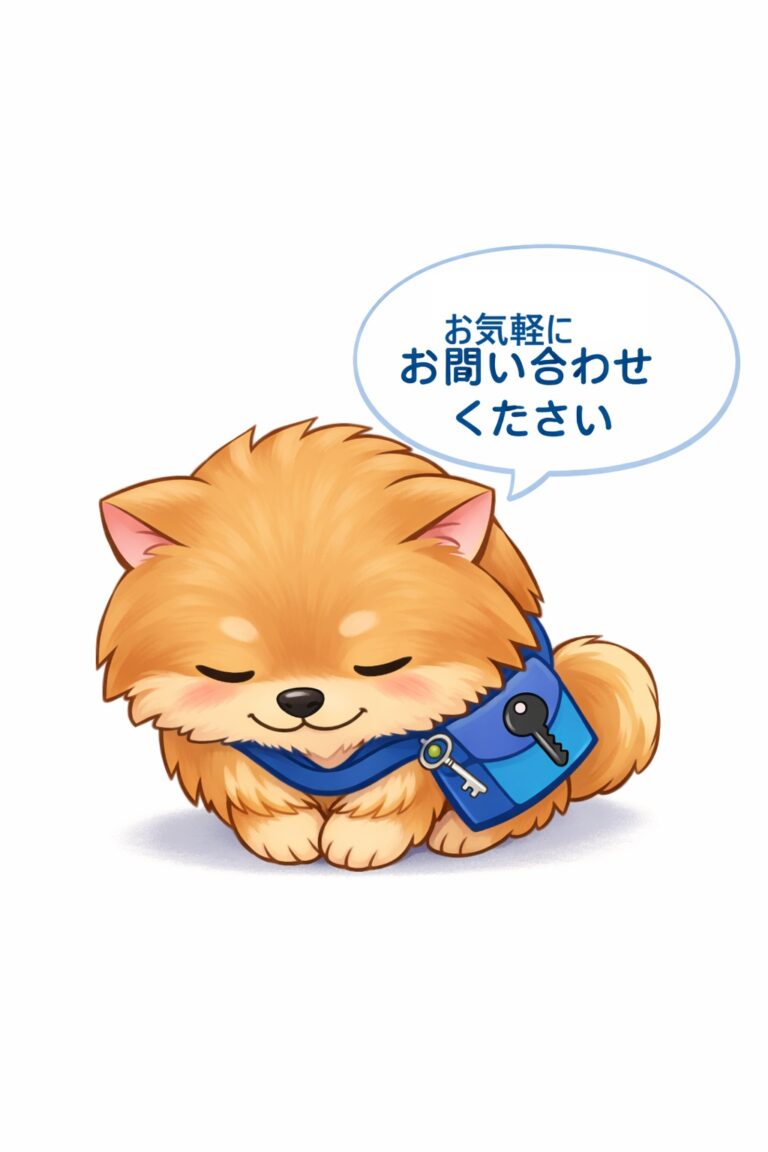 あんしん犬ナナがおじぎをしてお気軽にお問い合わせくださいと言っているイラスト