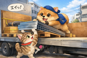 カギ猫小太郎とあんしん犬ナナがトラックに手で積みこんでいるイラスト
