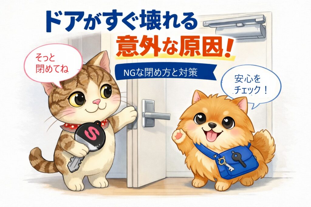 カギ猫小太郎がドアをそっと閉める様子と、あんしん犬ナナが笑顔で安心チェックをしているイラスト。ドアがすぐ壊れる意外な原因をやさしく説明するアイキャッチ画像。