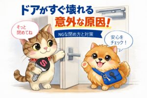 カギ猫小太郎がドアをそっと閉める様子と、あんしん犬ナナが笑顔で安心チェックをしているイラスト。ドアがすぐ壊れる意外な原因をやさしく説明するアイキャッチ画像。