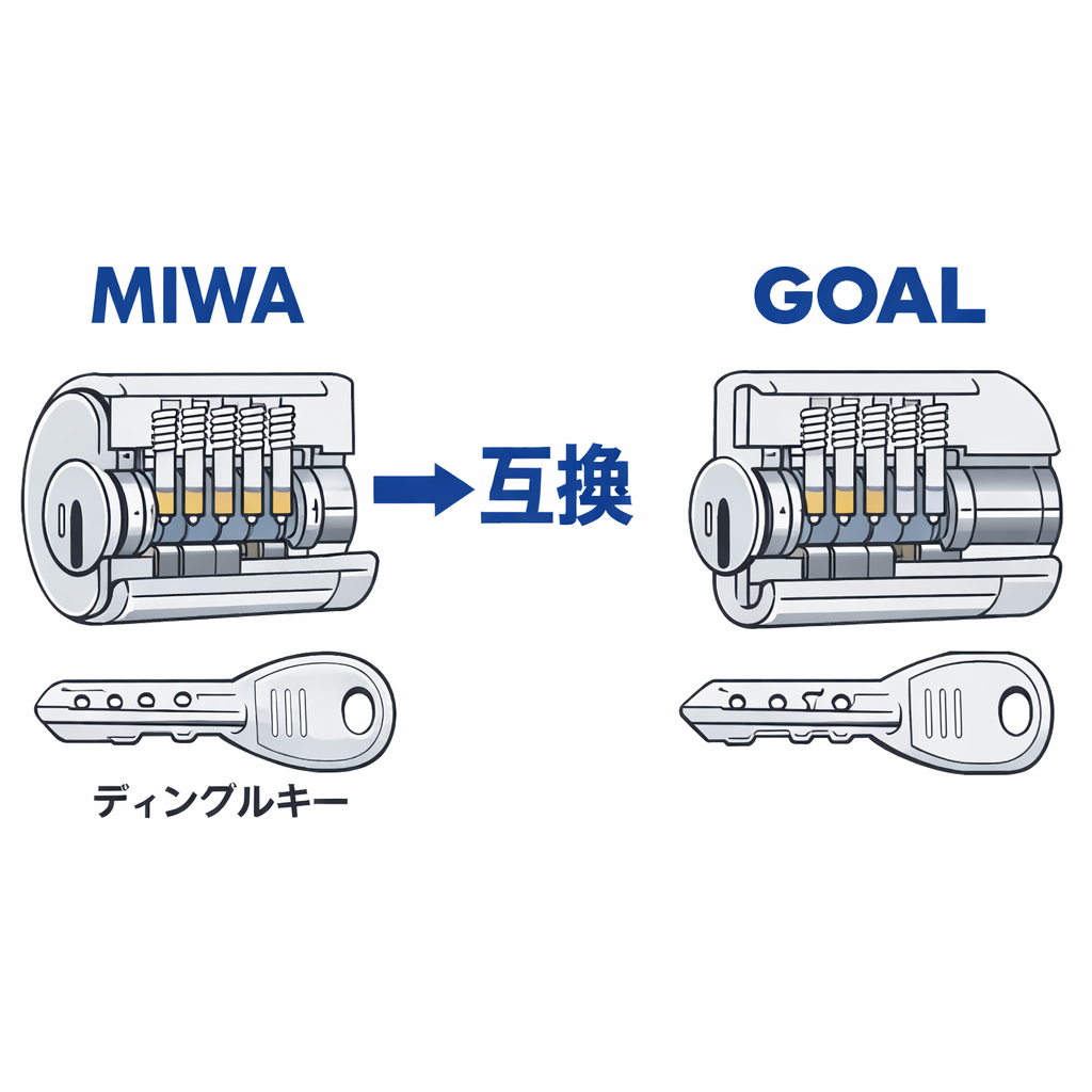 MIWAとGOALの互換シリンダー断面図。ディンプルキーの構造とピンの位置を比較し、互換性の仕組みを矢印で示した専門的な図解。
