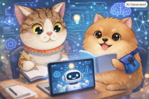 AIの勉強をするカギ猫小太郎とあんしん犬ナナ