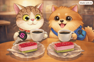 カシスムースとコーヒーを楽しむ小太郎とナナ