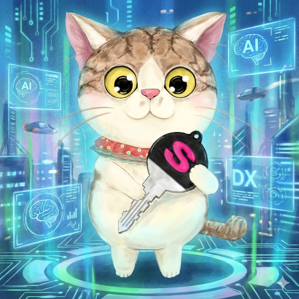 AIとDXの未来を象徴するカギ猫小太郎。AI×モノづくりを学び続ける秀巧金属の挑戦を表現したイラスト。