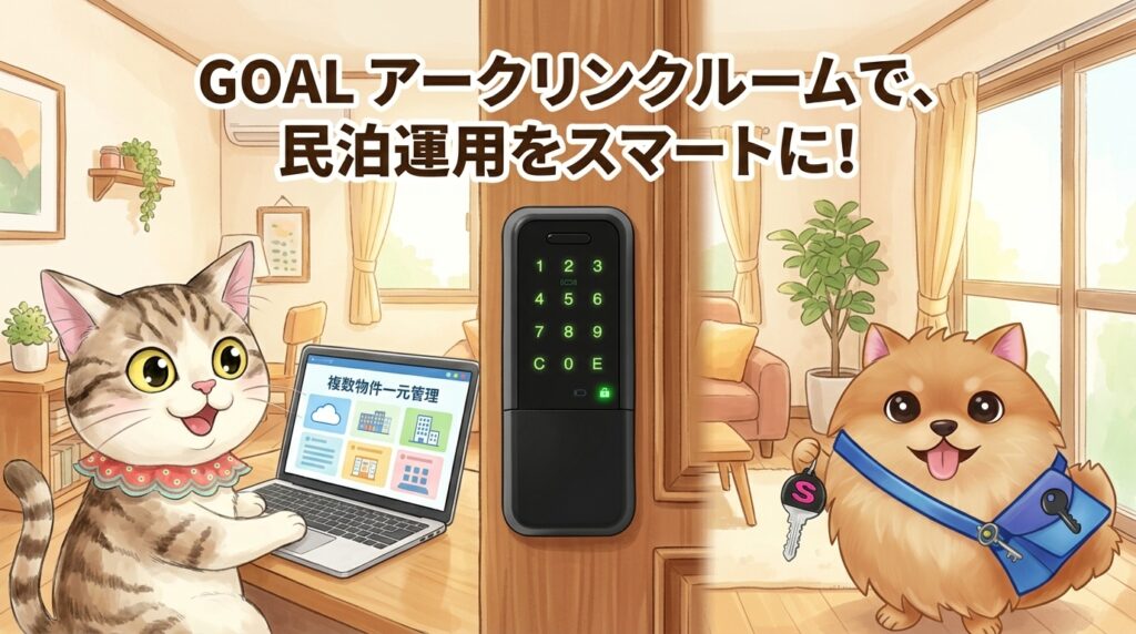 民泊運営をスマートにするGOAL Arc LINK Roomのイメージイラスト。猫の小太郎が物件管理を行い、犬のナナが鍵を持って非対面運用を表現。スマートロックが中央に描かれた安心感のある室内シーン。