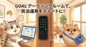 民泊運営をスマートにするGOAL Arc LINK Roomのイメージイラスト。猫の小太郎が物件管理を行い、犬のナナが鍵を持って非対面運用を表現。スマートロックが中央に描かれた安心感のある室内シーン。