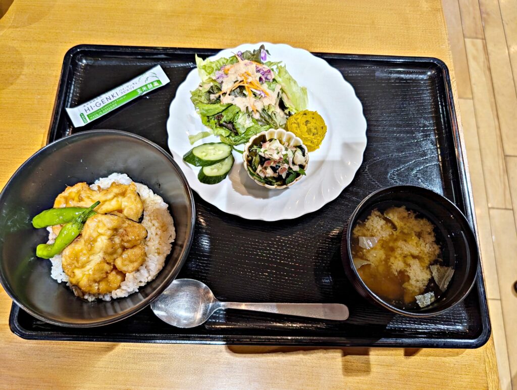 「ベジうな重の定食。植物性うなぎ風の丼、味噌汁、サラダ、小鉢が並ぶ和食ランチ」