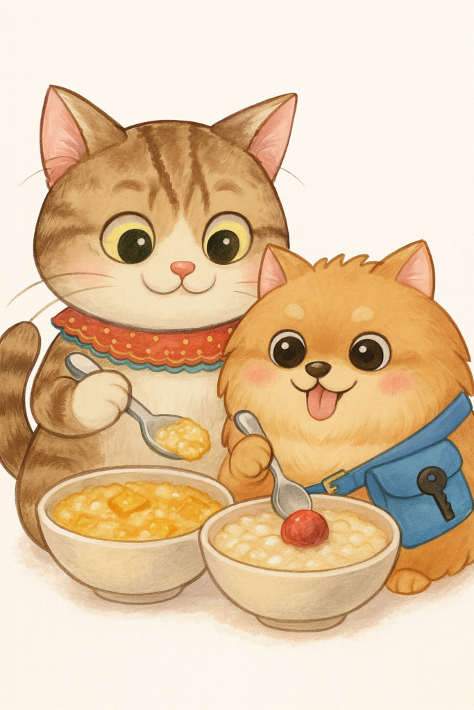 「猫の小太郎と犬のナナが仲良くお粥を食べているイラスト」
