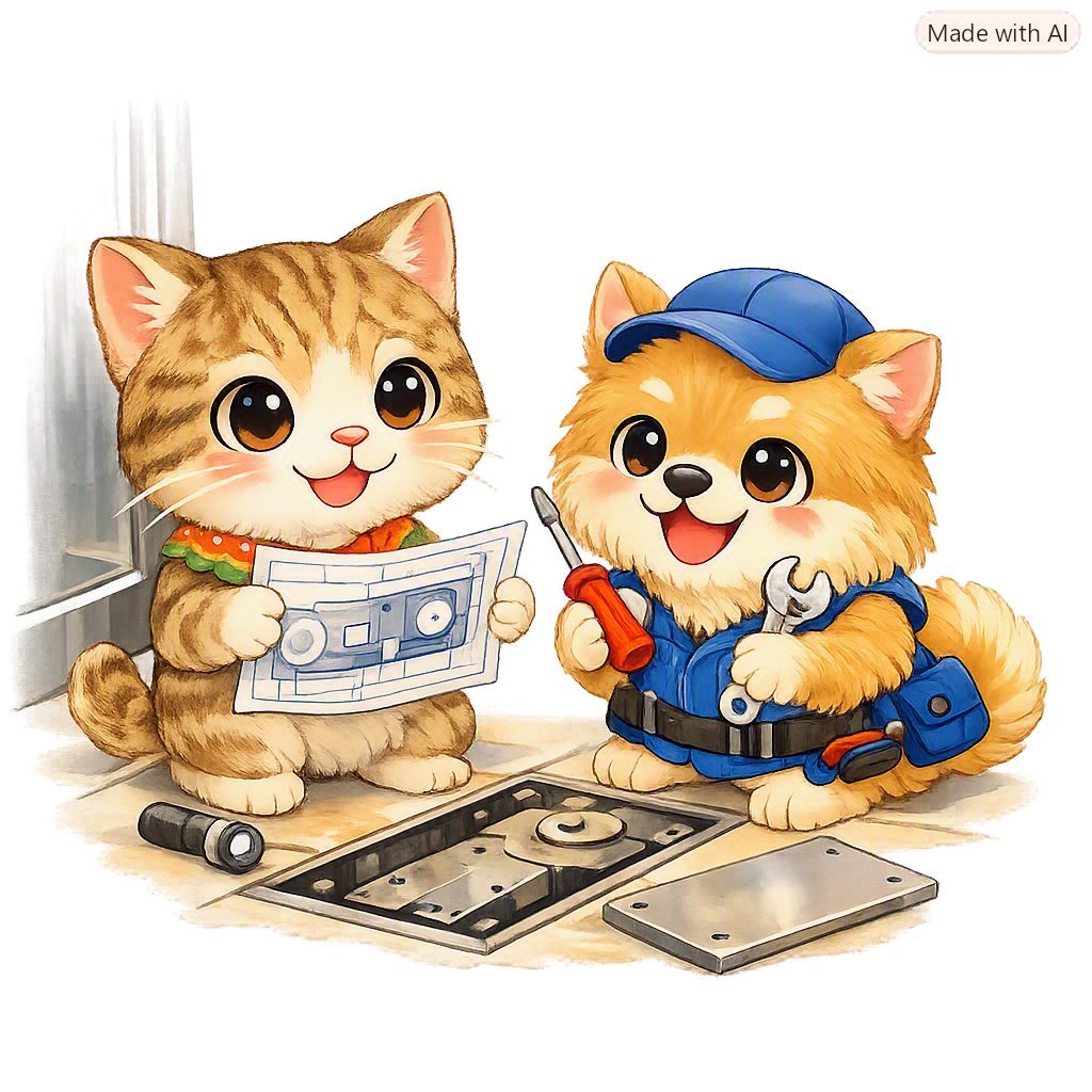 フロアヒンジの交換をする小太郎とナナ