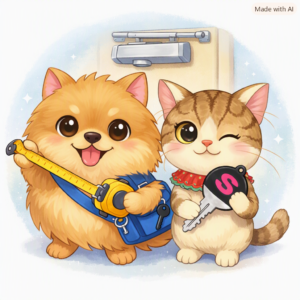 ドアクローザ交換を案内する犬のナナと猫の小太郎のイラスト（メジャーと鍵を持っている）